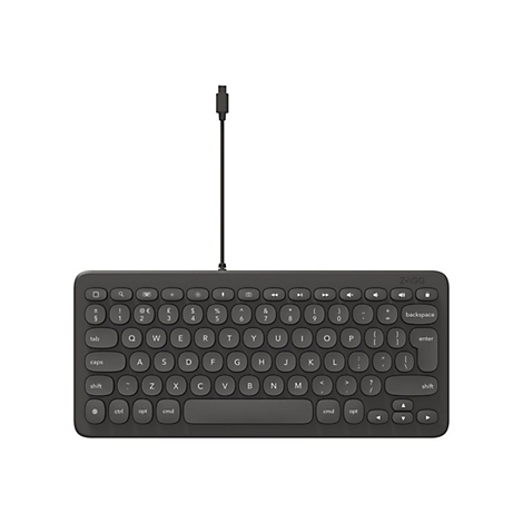 Drahtlose Tastatur in Grau, mit beschrifteten Tasten und Logo.