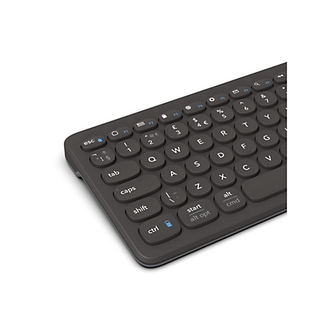 Draufsicht auf eine dunkle, kompakte Tastatur. Die kreisförmigen Tasten sind beschriftet, Buchstaben, Zahlen, Sonderzeichen.