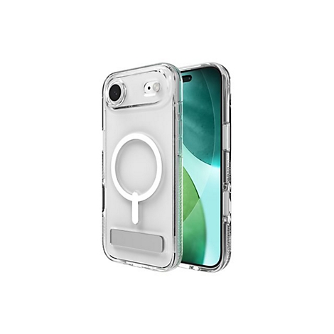 Une coque d'iPhone transparente avec MagSafe et support, sur fond blanc.