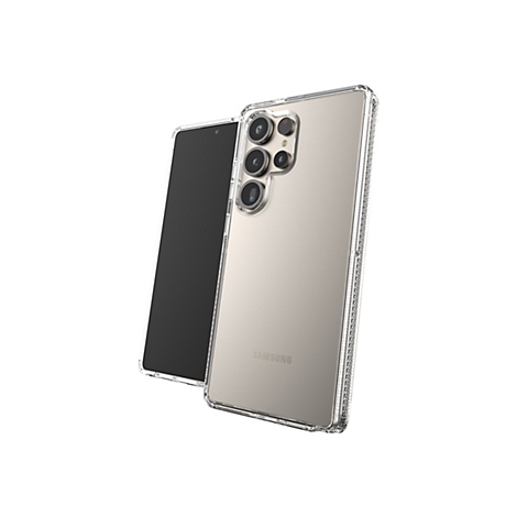 Samsung-Smartphone in einer transparenten Schutzhülle, Nahaufnahme. Auf weißem Hintergrund. Mit der Kamera nach oben und links, Text: Samsung.