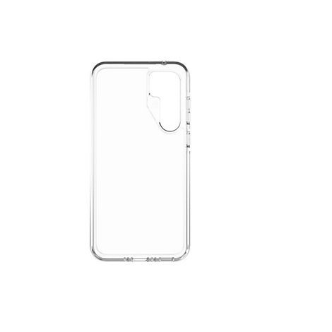 Transparente Handyhülle vor weißem Hintergrund. Die Hülle umschließt das Smartphone und hat Aussparungen für Knöpfe und Kamera.