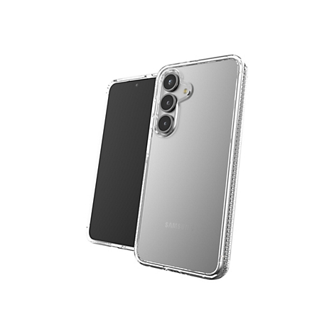 Ein Smartphone in einer transparenten Schutzhülle, vor weißem Hintergrund. Der Bildschirm ist schwarz, die Hülle hat Strassdetails.