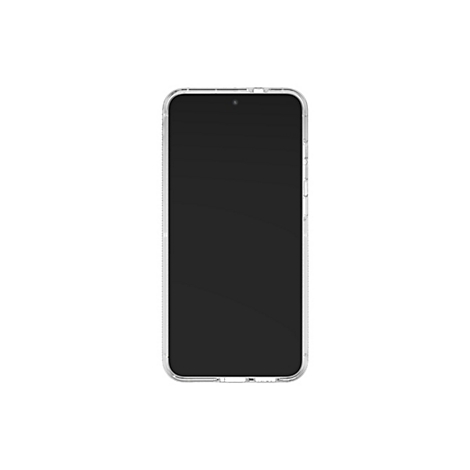 Smartphone mit transparenter Hülle vor weißem Hintergrund.