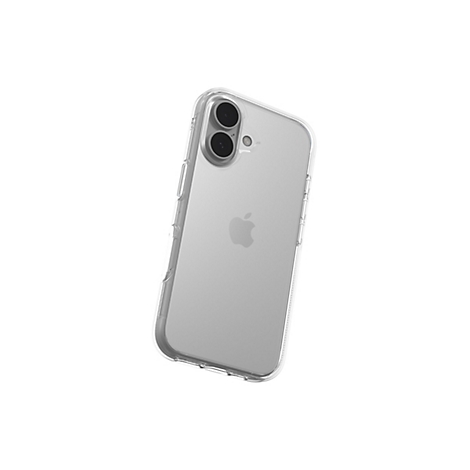 Ein iPhone in einer transparenten Schutzhülle, vor weißem Hintergrund. Der Fokus liegt auf der Rückseite des Handys mit dem Apple-Logo.