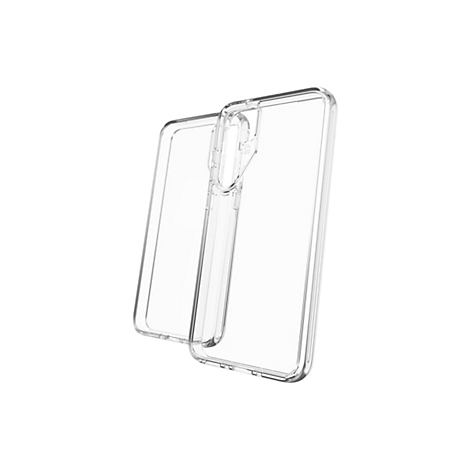 Zwei transparente Handyhüllen, die ineinander geschoben sind. Sie sind vor weißem Hintergrund von der Seite fotografiert.