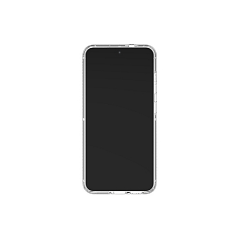 Ein Smartphone mit schwarzem Bildschirm in einer durchsichtigen Schutzhülle, vor weißem Hintergrund.