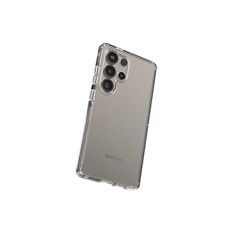 Ein durchsichtiges Handycase für ein Samsung Smartphone. Auf der Rückseite ist der Schriftzug "SAMSUNG" zu sehen. Das Case umschließt das Smartphone. Das Handycase liegt auf einem weißen Hintergrund.