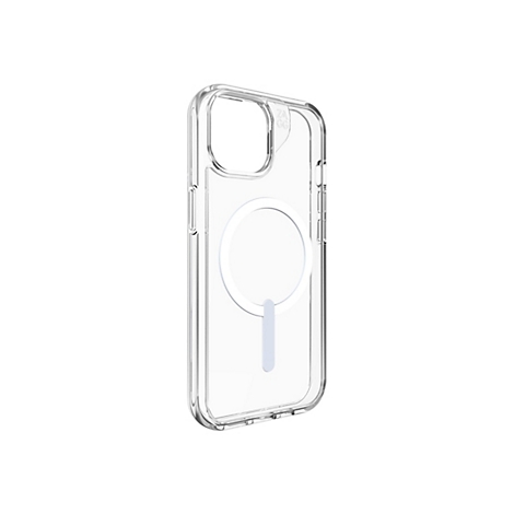 Coque de téléphone transparente avec fonction MagSafe, posée sur un fond blanc. La coque montre son design et des découpes pour la caméra et les boutons.