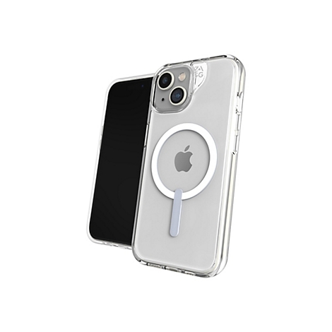 Un iPhone avec une coque transparente. Le fond est blanc.