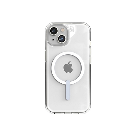 Coque de téléphone transparente pour un iPhone, avec fonction MagSafe et logo Apple au dos.