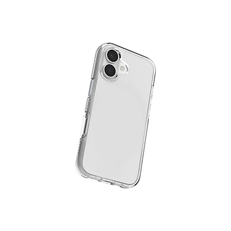 Coque de téléphone transparente avec double caméra, en biais de dessus sur fond blanc. Protection claire.