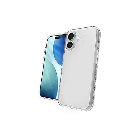 Une coque de téléphone transparente protégeant un iPhone, représentée légèrement en biais. Design clair, protection claire.