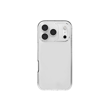 Coque de téléphone transparente avec découpes pour les objectifs de l'appareil photo sur fond blanc.