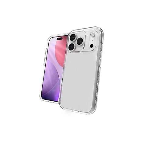 Un iPhone avec une coque transparente. Les caméras sont visibles.