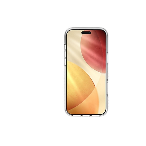 Un smartphone dans un étui transparent, sur fond clair. L'écran affiche un graphique abstrait dans des tons jaunes et rouges.