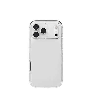 Coque de téléphone transparente avec caméras et flash sur fond blanc.