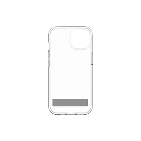 Coque de téléphone transparente avec découpe pour la caméra et bande grise en bas.