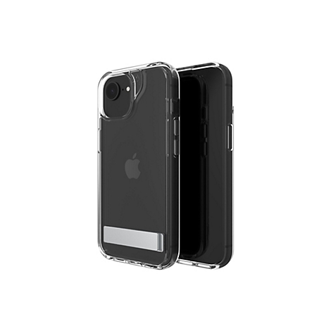 Un étui transparent pour iPhone avec un iPhone noir partiellement visible en dessous. Les boutons et la caméra sont clairement visibles sur l'étui. L'iPhone affiche le logo Apple.
