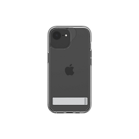 Coque de téléphone transparente avec support intégré pour smartphone noir. La découpe de la caméra est visible.