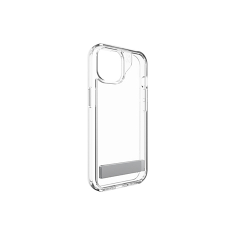Coque de téléphone transparente sur fond blanc. Avec une barre métallique grise en bas.