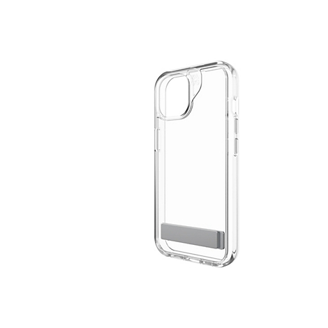 Coque de téléphone transparente avec support sur fond blanc.