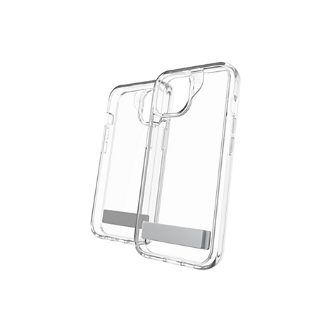 Deux coques de téléphone transparentes avec des supports argentés, sur fond blanc. Clair, propre, minimaliste.