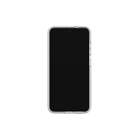 Un smartphone dans une coque de protection transparente, sur fond blanc. L'écran est noir.