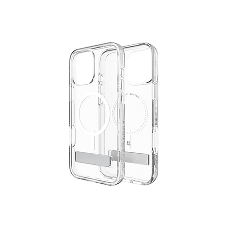 Zwei transparente Handyhüllen mit MagSafe-Funktion und eingebautem Ständer, vor weißem Hintergrund.