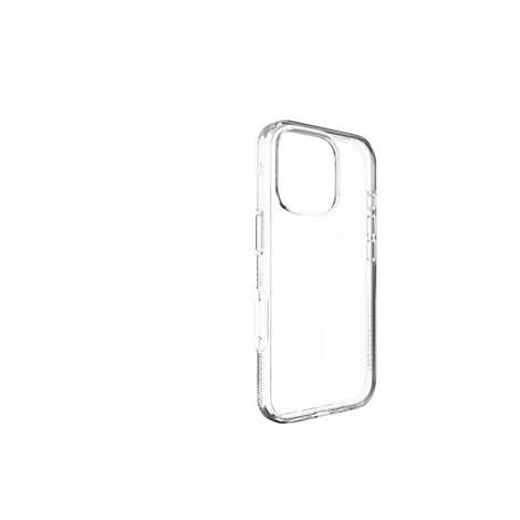 Durchsichtige Handyhülle. Die Hülle umrahmt das Handy und ist an der Rückseite mit einem Kreis für ein kabelloses Ladegerät versehen.