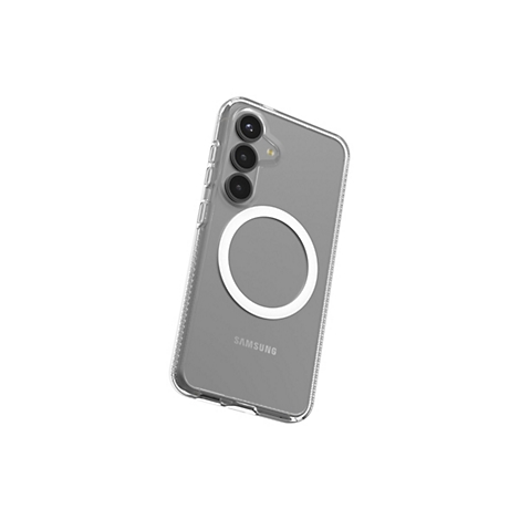 Ein graues Samsung-Smartphone in einer transparenten Schutzhülle, auf weißem Hintergrund. Der Fokus liegt auf der Hülle mit einem weißen Ring und dem Samsung-Logo.