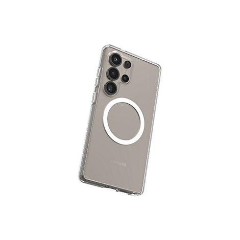 Ein durchsichtiges Handycase für ein Samsung Smartphone. Auf der Rückseite ist ein weißer Ring und das Samsung-Logo.