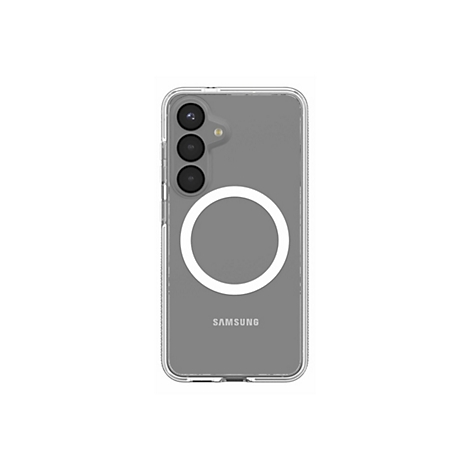 Ein durchsichtiges Handycase mit eingebautem Magnetring auf einem grauen Smartphone. Die Rückseite zeigt die Kameralinsen und das Samsung-Logo.