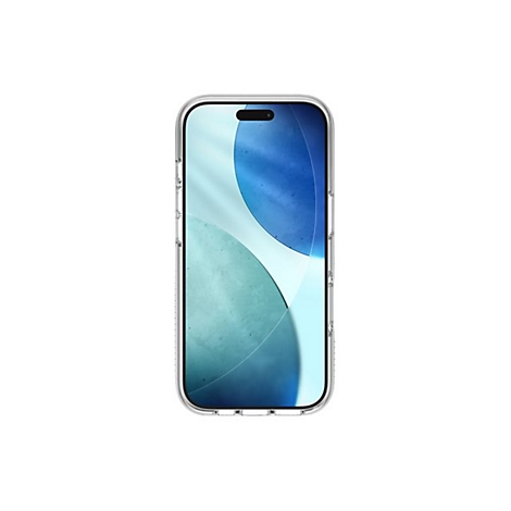 Smartphone mit transparenter Hülle. Blau-weißer Bildschirmhintergrund. Der Rahmen ist klar.