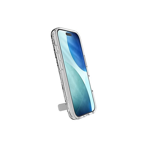 Ein durchsichtiges Handycase mit eingebautem Ständer und einem Smartphone, das aufrecht steht.