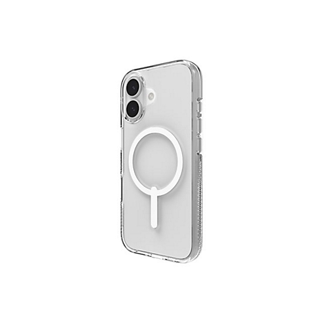 Coque de téléphone transparente avec fonction MagSafe, photographiée sur fond blanc. Une boucle magnétique blanche est attachée.