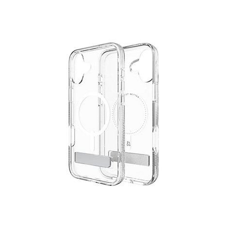 Deux coques de téléphone transparentes côte à côte. Elles sont en plastique et ont un support de couleur métal.