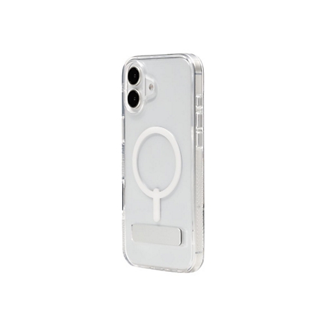 Coque de téléphone transparente avec MagSafe et support, sur fond blanc.