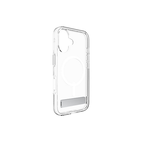 Coque de téléphone transparente avec fonction MagSafe et support, sur fond blanc.