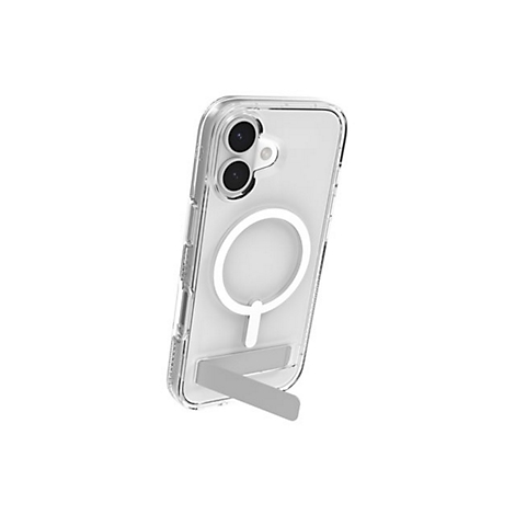 Coque de téléphone transparente avec support intégré, légèrement inclinée sur fond blanc.