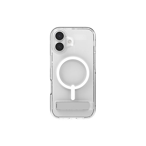 Coque de téléphone transparente avec fonction MagSafe, module caméra et support sur fond blanc.