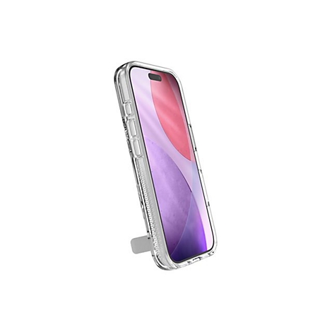 Une coque de téléphone transparente avec un téléphone à l'intérieur. L'écran affiche un dégradé de couleurs. Un petit support est fixé.