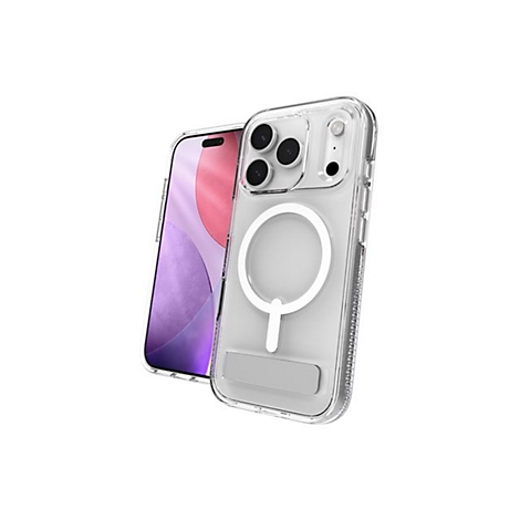 Un iPhone dans une coque de protection transparente, positionné en diagonale, sur fond blanc.