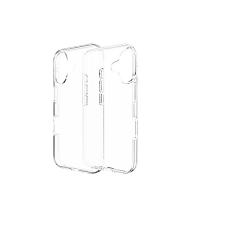 Deux coques de téléphone transparentes sur fond blanc. Les coques sont en plastique transparent et sont façonnées en détail.