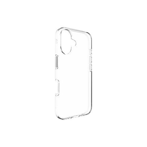 Coque de téléphone transparente en plastique. L'étui entoure l'appareil et comporte des ouvertures pour l'appareil photo et les boutons.