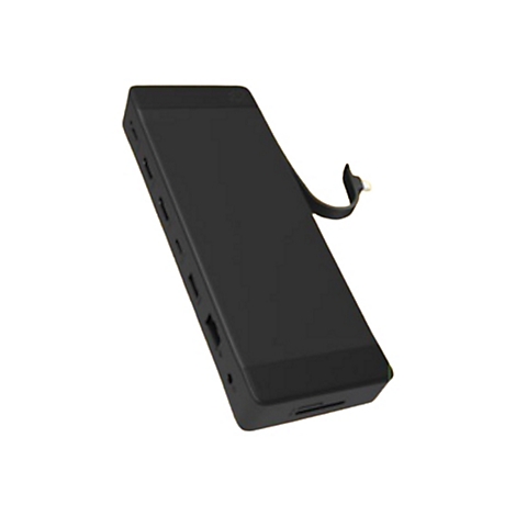 Lecteur de cartes rectangulaire noir avec ports latéraux, une lanière et un fond blanc.