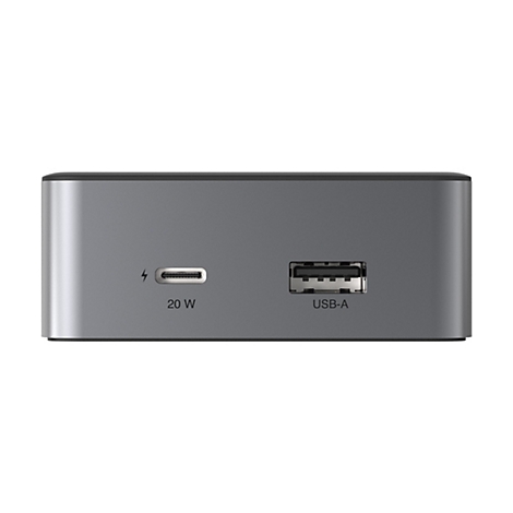 Graue Ladestation mit USB-A- und USB-C-Anschlüssen; Label: 20W.