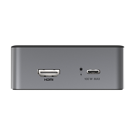Grauer, rechteckiger Adapter mit HDMI- und USB-C-Anschluss, sowie Ladeanzeige mit der Aufschrift "100 W MAX".