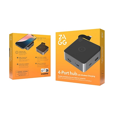 Ein Bild zeigt eine Produktverpackung. Auf der Vorderseite ist ein schwarzer 4-Port-Hub mit kabelloser Ladefunktion abgebildet, der ein Smartphone lädt.