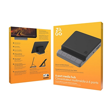 Das Produkt zeigt einen 6-Port-Media-Hub, der an ein Tablet angeschlossen ist, mit verschiedenen Anschlüssen und Tasten.