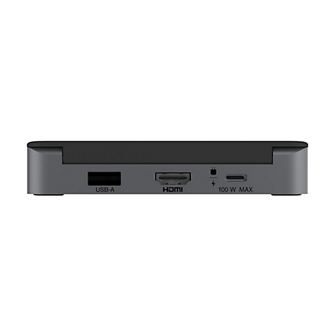 Auf weißem Grund, ein grauer Multimedia-Player mit Anschlüssen: USB-A, HDMI und Stromanschluss.